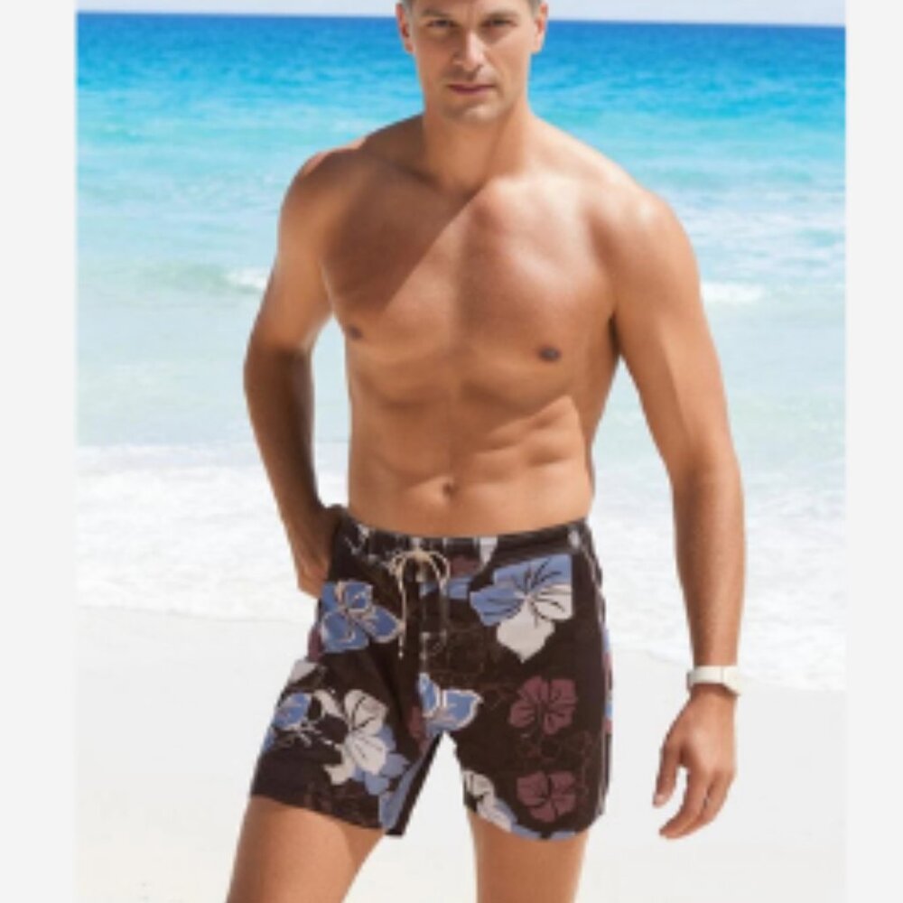 Burnside Swim Trunk Shorts Mens Size 32 Brown With Blue/White Pocket Drawstring